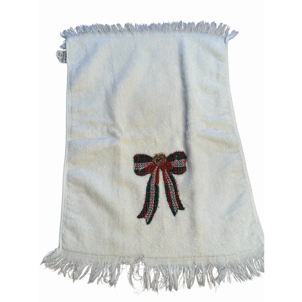 Vintage Franco Christmas Hand Towel White Terry Plaid Bow Fringe Bathroom Decor